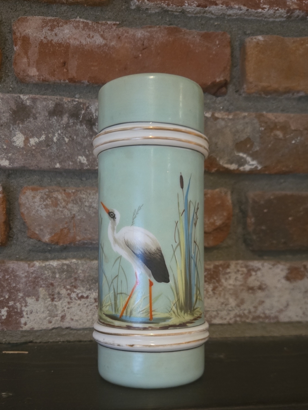 Victorian Smith Brothers Opaline Glass Vase With Hand Painted Crane.